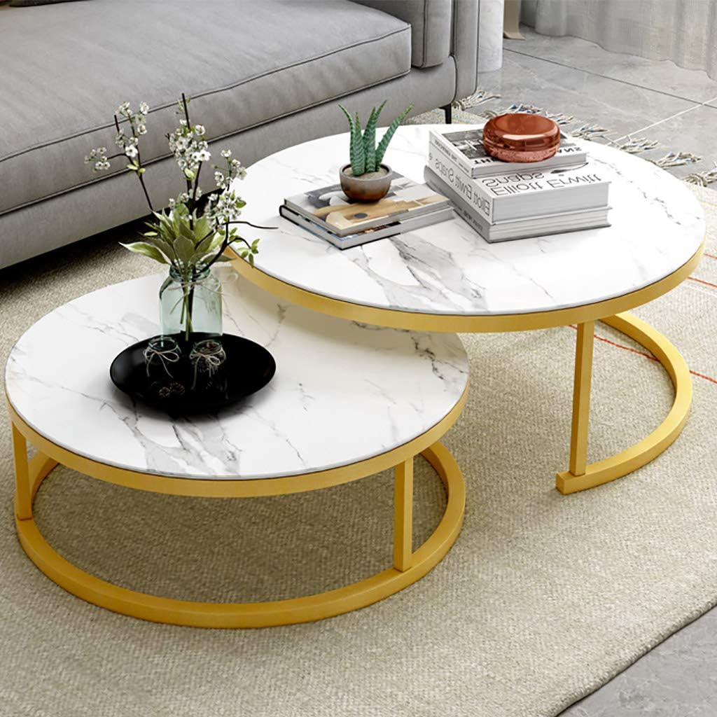 Set Of 2 Stackable Coffee Tables For Living Room, Round Elegant Nest Side Tables, Stacking Marble Texture & Metal Coffee Nesting End Tables
