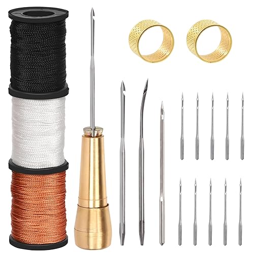 Wokape 19Pcs Canvas Leather Sewing Awl Needles Assortment Kit Contains Straight and Curved Needles, 3 Colors 50m Waxed Nylon Cord Threads with Coils, Copper Handle, Thimbles for DIY, Leather Repair
