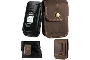 TarbicGear Leather Kyocera Flip Phone Case with Belt Clip, TCL Flip Phone Holster for Belt, Cat S22 Flip Case, Nokia Flip Phones, Sonim XP3 Plus Magnetic Phone Pouch, Brown