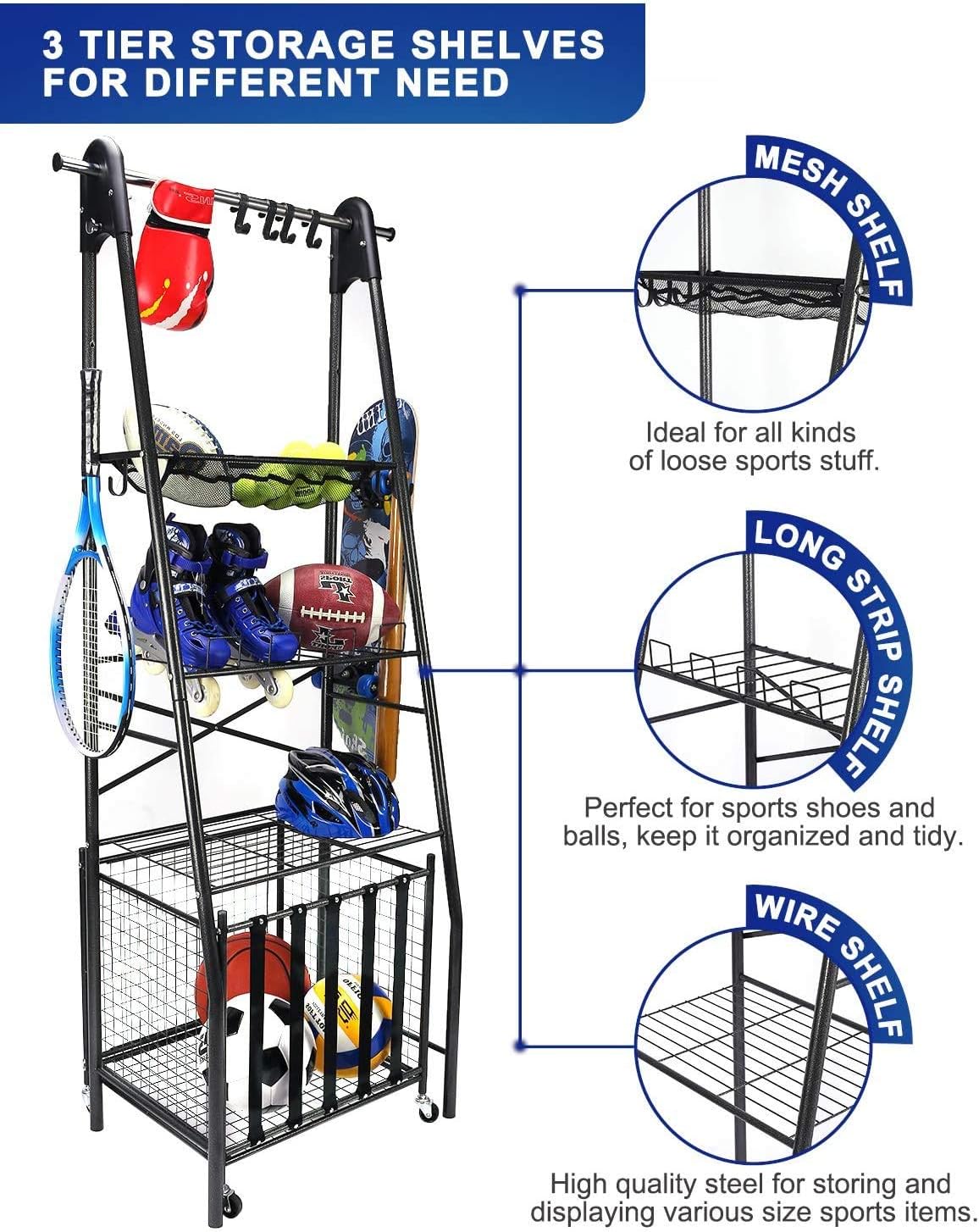 Mythinglogic Sports Equipment Garage Organizer, Rolling Ball Garage Storage, Sports Gear Storage for Kids, Adjustable Rob Sports Storage, Sports Organization with Hooks,Ball Equipment Racks: Sports & Outdoors