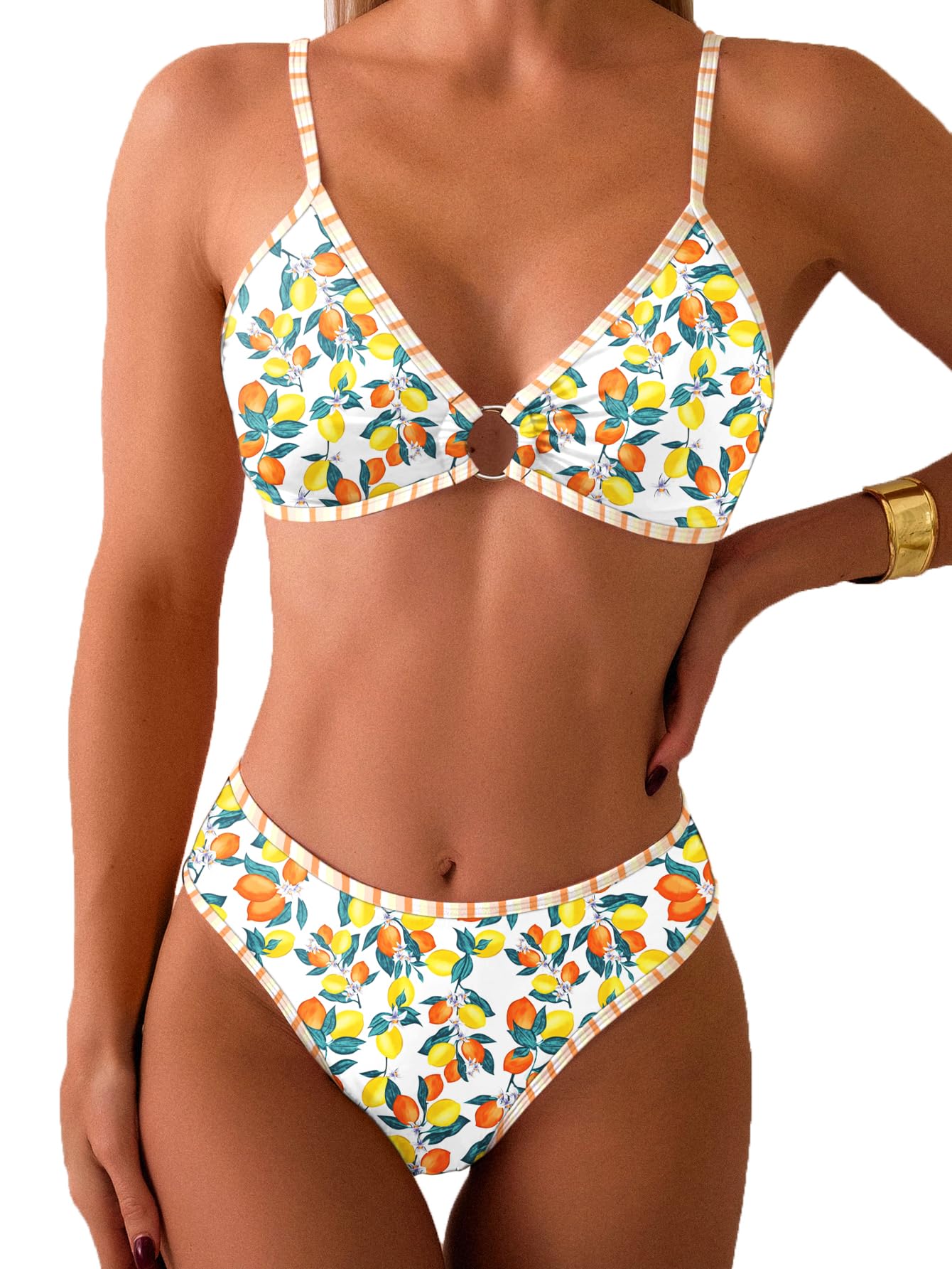 Photo 1 of Fanuerg Women's Triangle Bikini Sets O Ring Linked Two Piece Swimsuits Color Block Cheeky Bathing Suit Lemon Fruit Print S