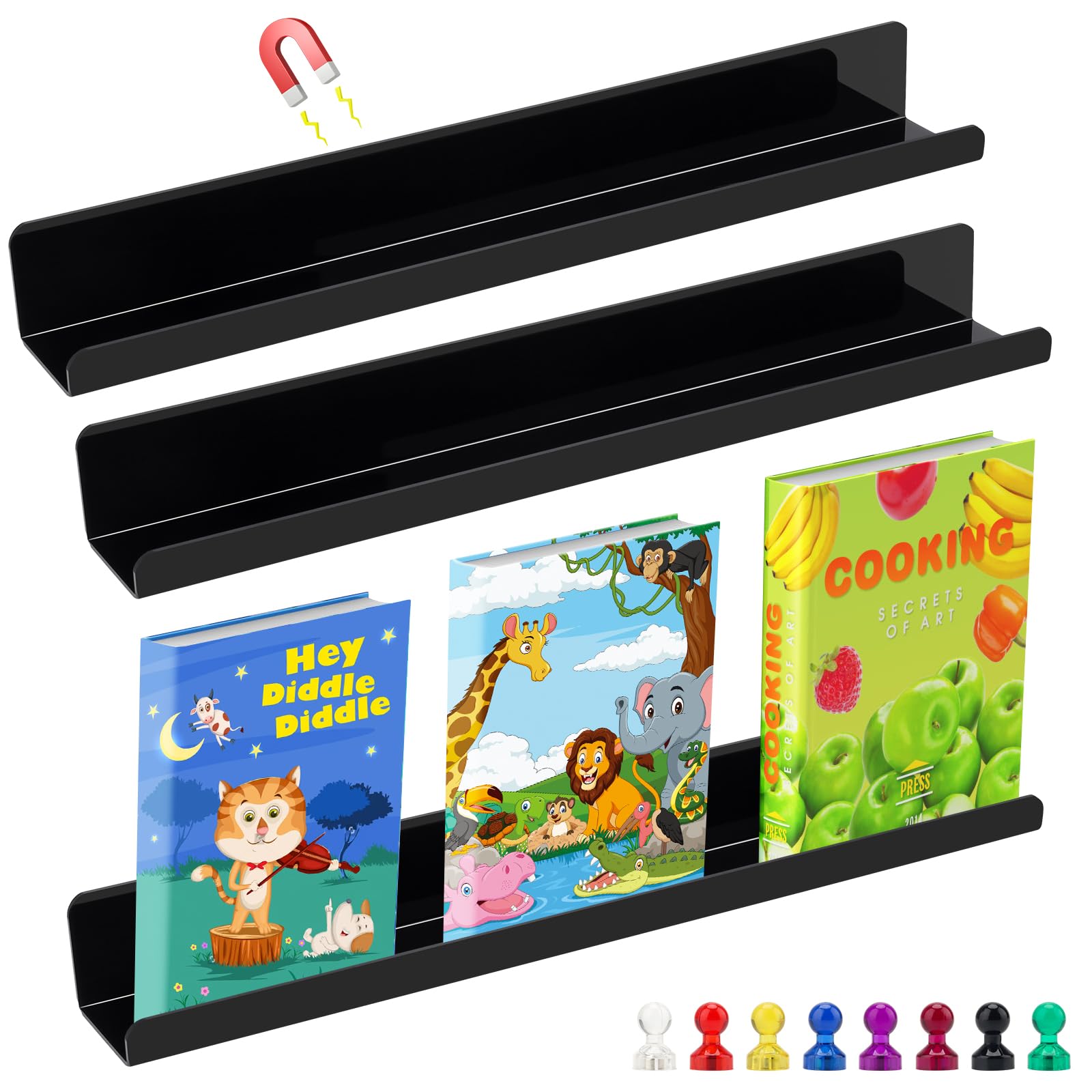 Windspeed 3 Pack Acrylic Book Shelf for Whiteboard, Classroom Magnetic Book Display Holder for Teacher Students Includes 8 Magnetic Pins (Black)