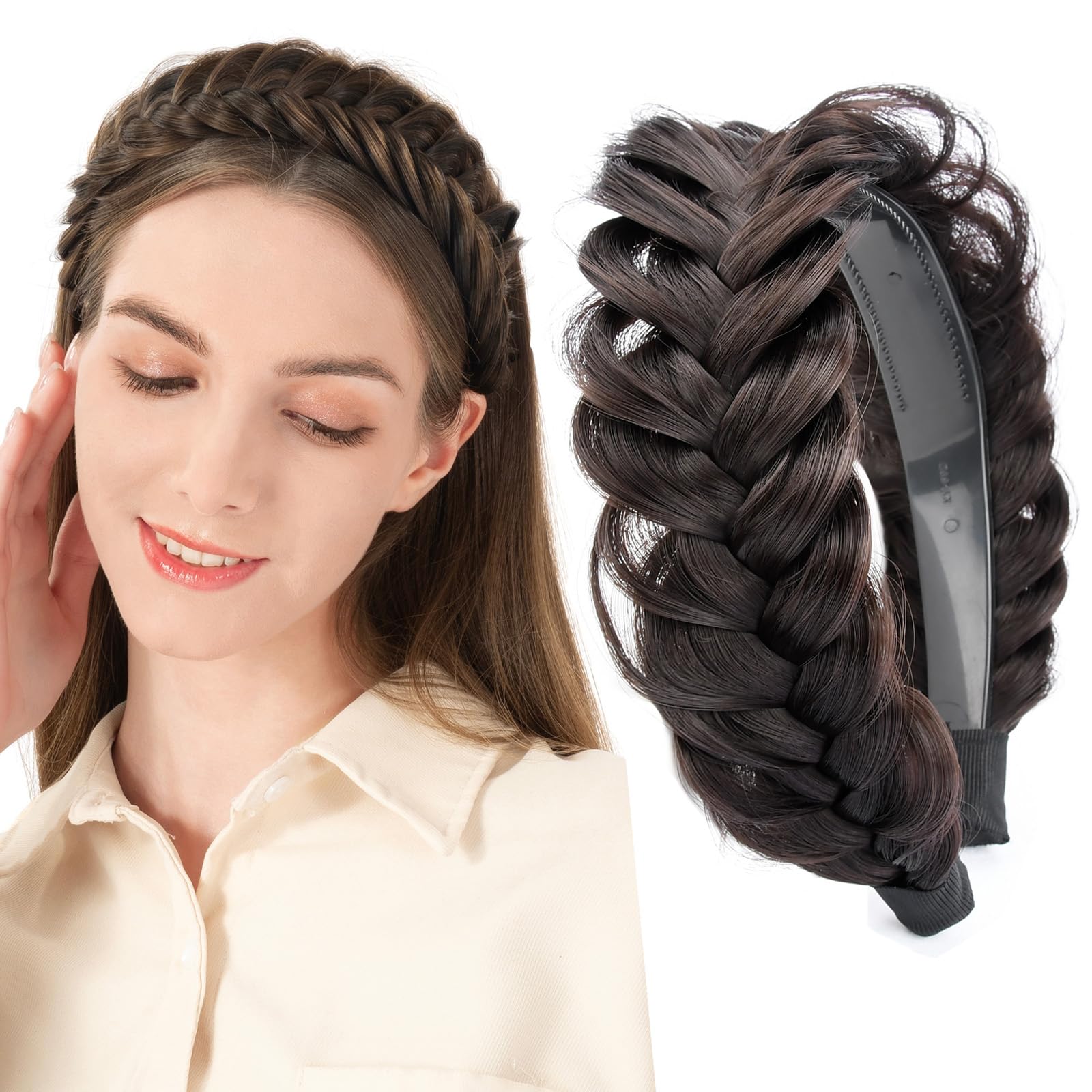 BOBIYA Wide Braided Headband with Teeth Braid Headbands With Teeth for Women Braided Hair Headbands with Tooth (Deep Brown) — image 1