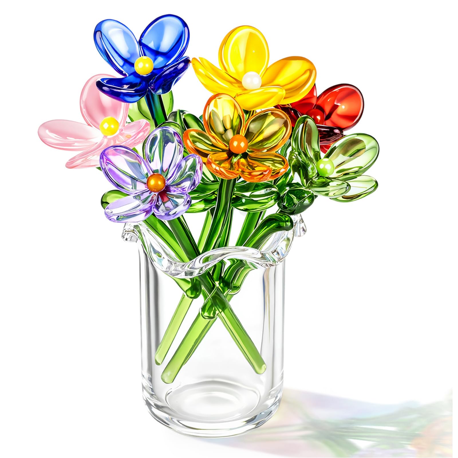 Fiwochic 7 Color Miniature Glass Flower Small Mini Glass Birth Month Flower with Stems in Vase Crystal Wildflower Bouquet for Women Mom Wedding Mother's Day Office Home Table Centerpiece(Style 1)