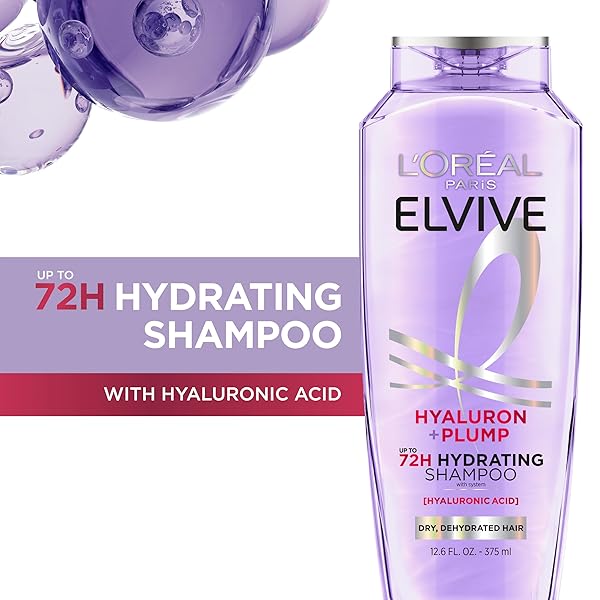 L’OREAL PARIS ELVIVE HYALURON PLUMP HYDRATING SHAMPOO FOR DEHYDRATED, DRY HAIR INFUSED WITH HYALURONIC ACID CARE COMPLEX, PARABEN-FREE, 12.6 FL OZ