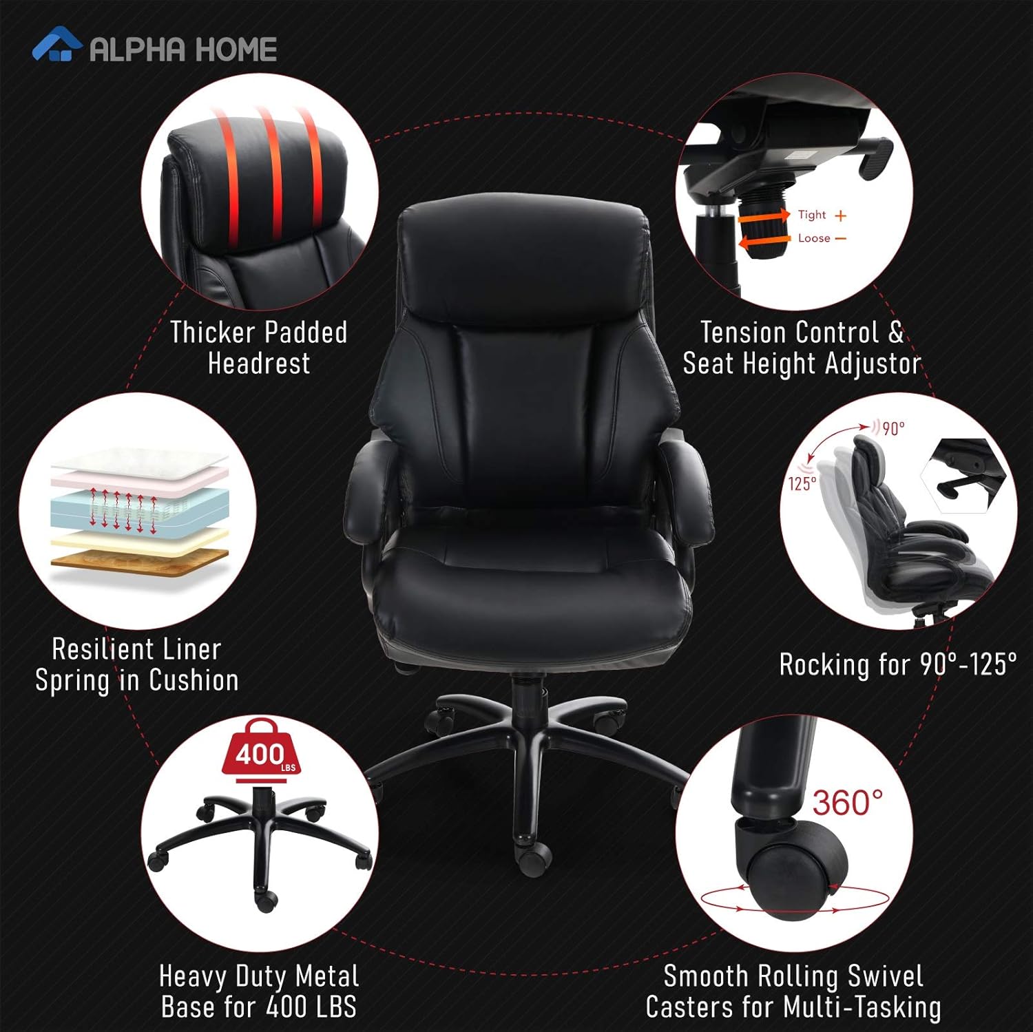 ALPHA HOME Ergonomic Office Chair High Back Executive Chair Managerial Computer Desk Chair with Lumbar Support Big Tall Adjustable Height Rolling Swivel Chair with Caster Black -Capacity 400 lbs: Kitchen & Dining
