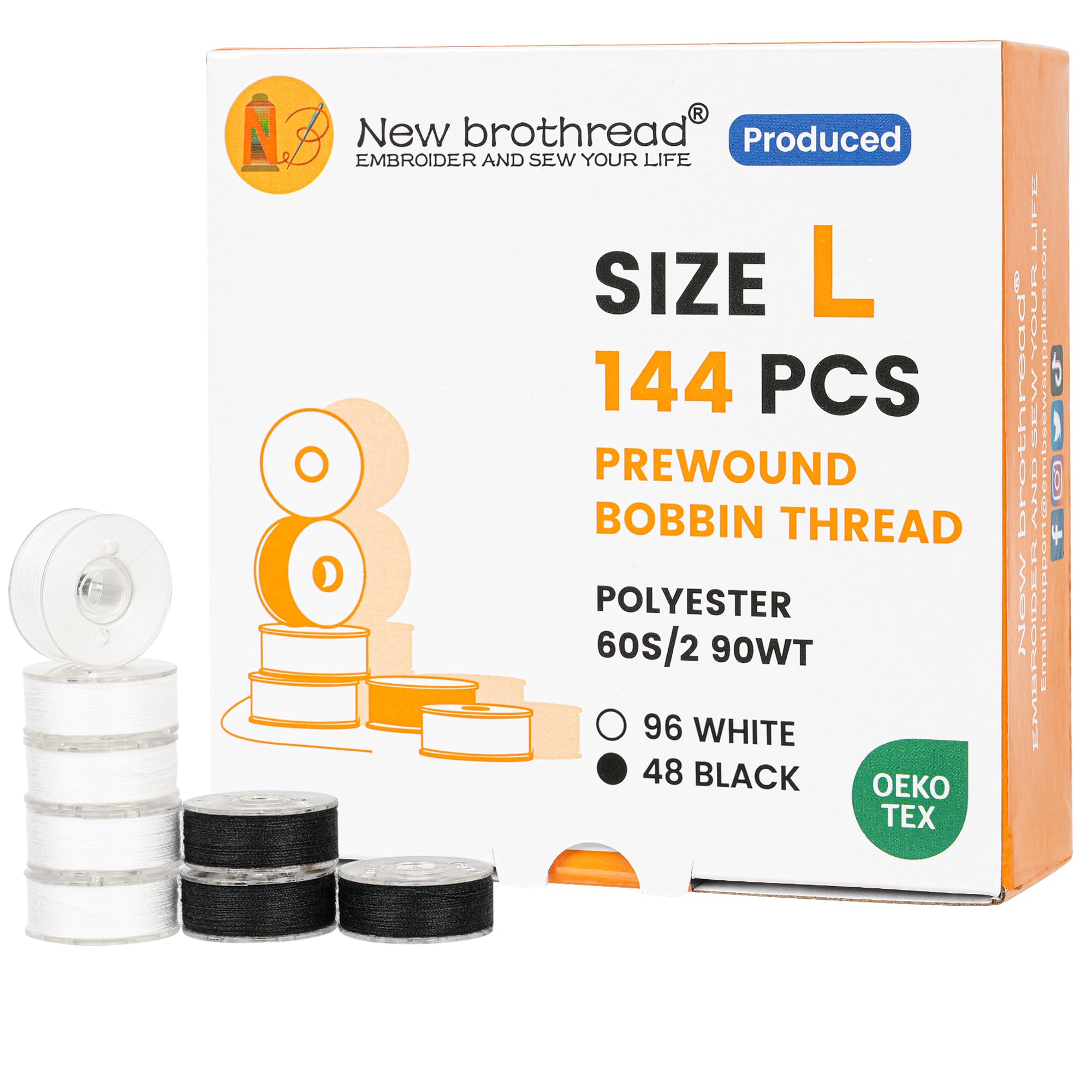 New brothread 144pcs Type L (SA155) Size 96White+48Black Prewound Bobbin Thread Plastic Side for Particular Embroidery and Sewing Machines - 90wt