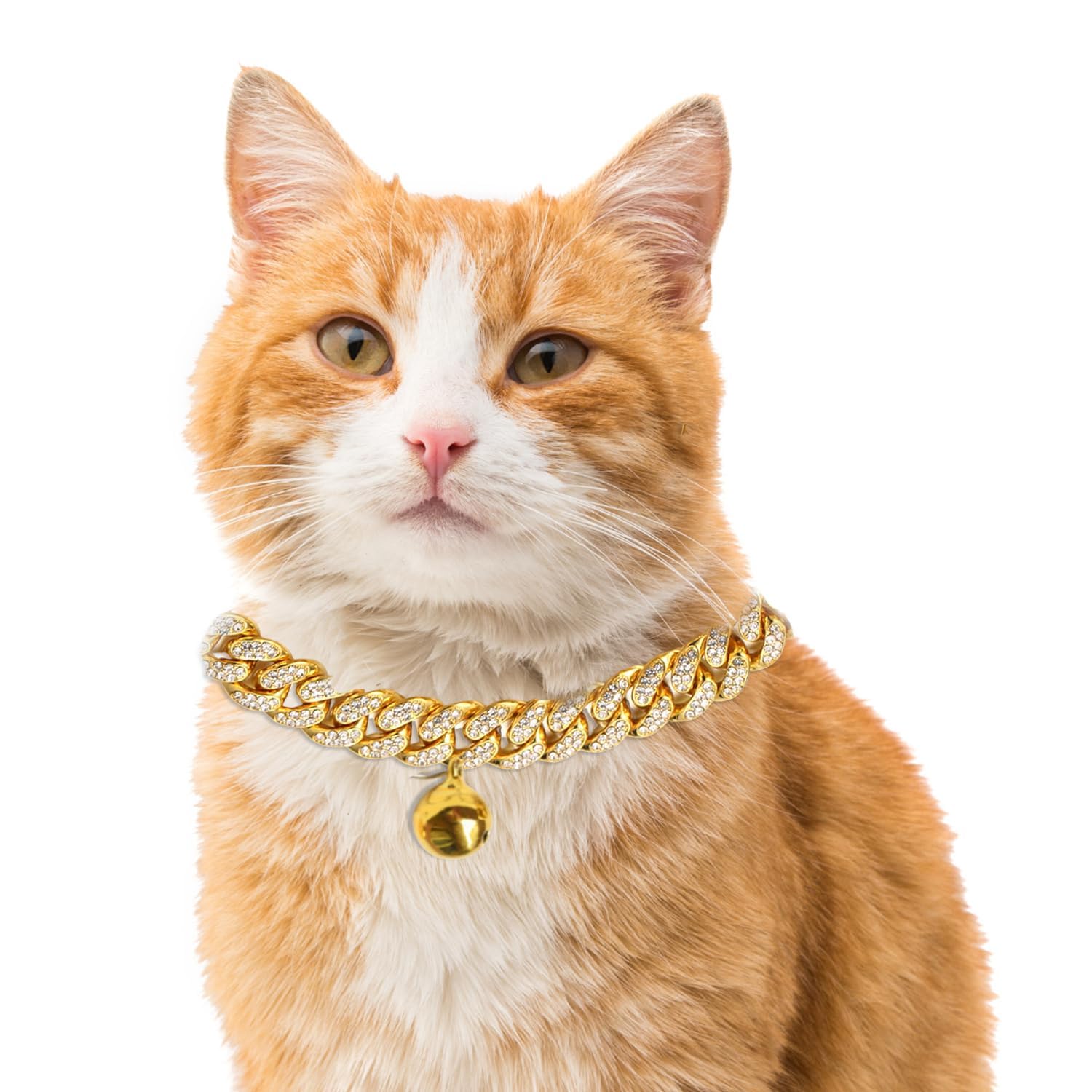 Halukakah Cat Collar - Carat - Iced Out Diamond Cuban Link Gold Chain for Cats & Kittens - 18k Real Gold Plated 20cm Collar Size - with Bell - for Decoration Only - Get Your Cat Catwalk Ready — image 1