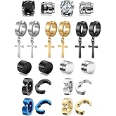 11 Pairs Non-pierced Earrings Set for Men Women Cross Titanium Steel Hoop Dangle Clip On Earring