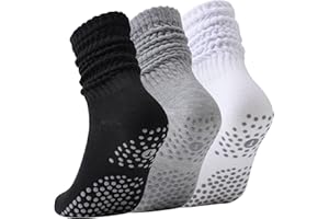 3 Pairs Pilates Socks for Women,Yoga Slouch Socks with Grip for Barre Workout Hospital Long Scrunch Slipper Socks