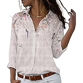 lomaiiest Womens Shirts Fashion Loose 3/4 Sleeve Summer V Neck Button up Color Block Floral Blouse Casual Tops and T Shirts