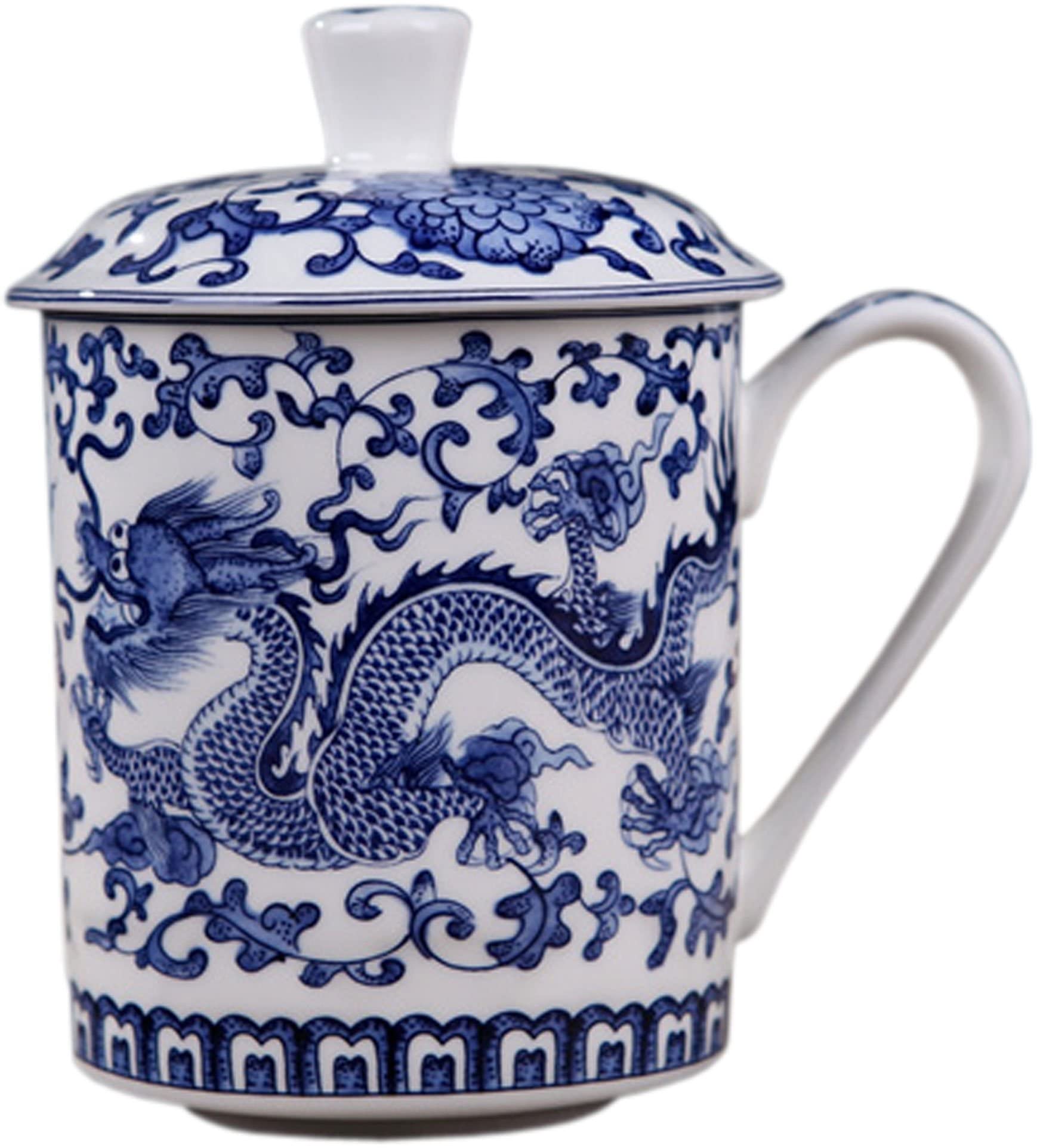 TUUFUN Chinese Gongfu Loose Leaf Tea/Coffee Brewing System- Bone China Porcelain Tea Cup/Coffee Cup/Tea Mug/Coffee Mug Personal Teacup with Tea Cup Lid (Blue Dragon)