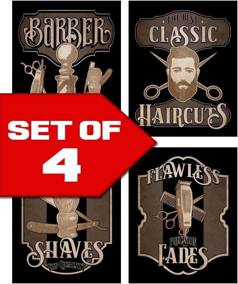 Wallables Barbershop Skills Vintage Barbershop Theme! Four Stylish 8x10 Mens Wall Decor Art Prints Set Great for Bathroom, Barbershop, Bachelor Pad Designed Exclusively