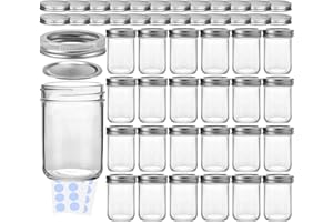 KAMOTA Mason Jars, 8 oz Glass Jars With Regular Lids and Bands, Ideal for Jam, Honey, Wedding Favors, Shower Favors, DIY Spice Jars, 24 PACK, Extra 24 Lids & 30 Whiteboard Labels