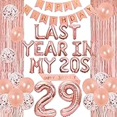 JOYMEMO 29th Birthday Decorations for Women Rose Gold - Last Year In My 20s Banner, Cheers to 29 Years Old Birthday Decor with Number 29 Foil Balloons, Sash