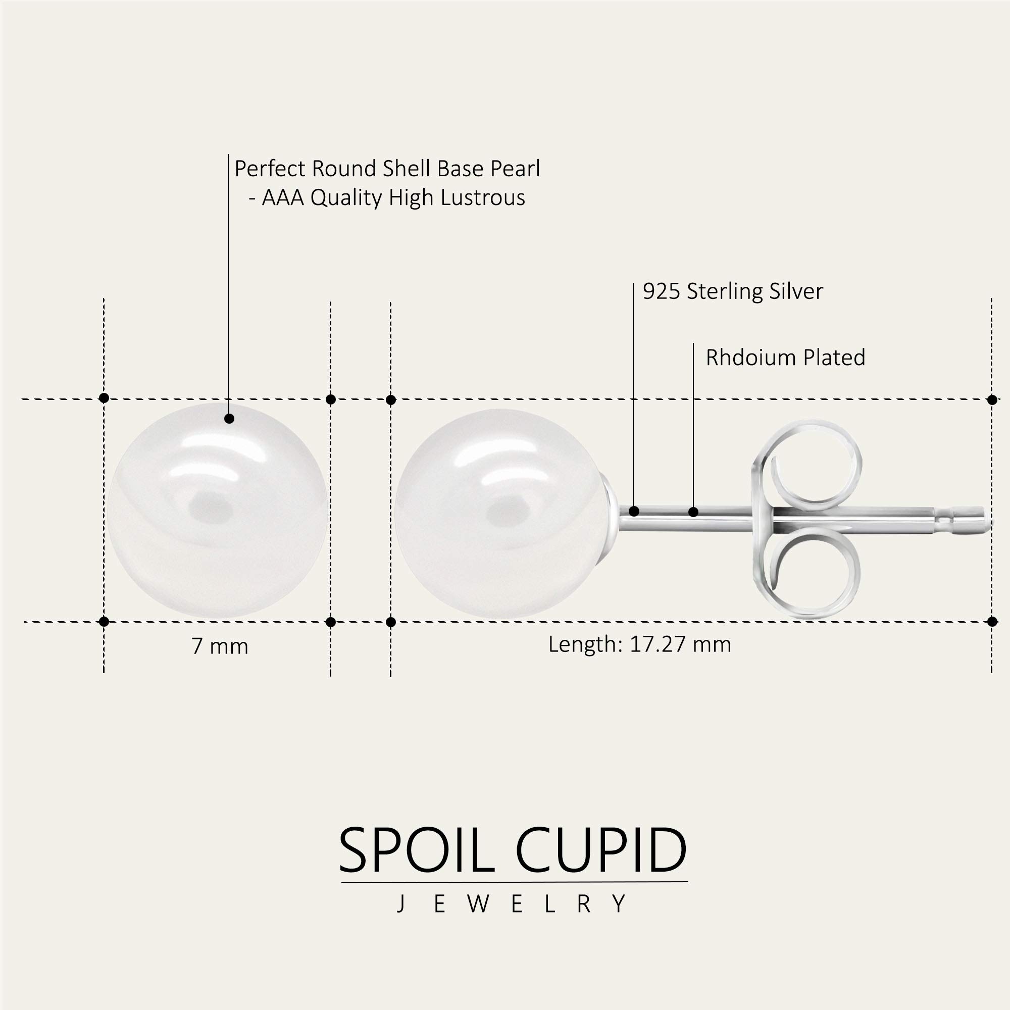 White Smooth Round Shell Base Imitation Pearl Rhodium-Plated 925 Sterling Silver Stud Earrings, 7mm