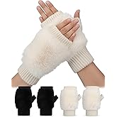 SATINIOR 2 Pairs Women Wool Knit Fingerless Gloves Furry Mittens Wrist Warmers Fur Mittens Valentines'day Gift for Women