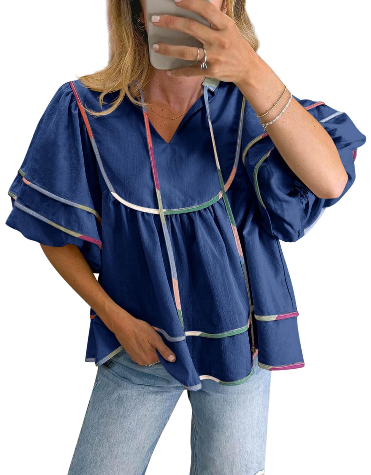 Cicy Bell Womens Summer Babydoll Tops V Neck Short Lantern Sleeve ...