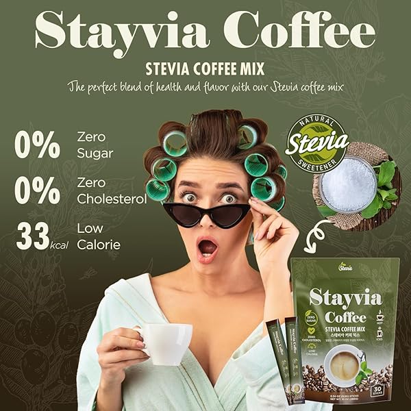 STAYVIA COFFEE STEVIA INSTANT COFFEE PACKETS – KOREAN INSTANT LATTE WITH SUGAR-FREE & LOW CALORIES – 30 STICKS (0.33OZ) – PLANT-BASED SWEETENER – ENJOY CAFFEINE HOT & COLD AT OFFICE, HOME & TRAVEL