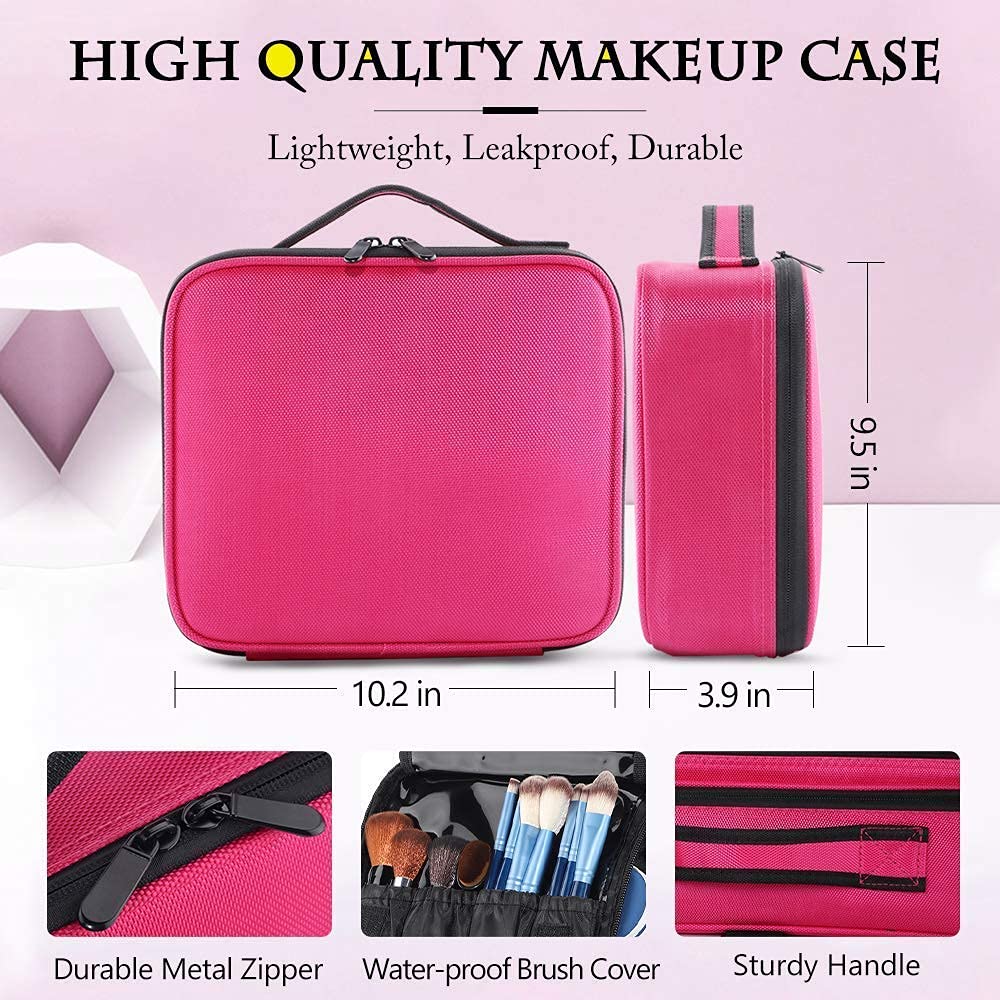 gzcz Travel Makeup Bag 10.4 Inches Professional Cosmetic Case Make Up Bag Cosmetic Brush Organizer Bag with Adjustable Divider, Storage Case for Girls and Women(S-Rose Red)