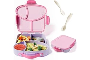 ZUHOSE Kids Bento Lunch Box, Toast Shaped 4-Compartment 31OZ Container with Sauce Cup & Utensils (Ages 3+) Leak-Proof, Drop-Proof, Dishwasher Safe | BPA-Free Reusable Lunch Box for School, Travel | Pink