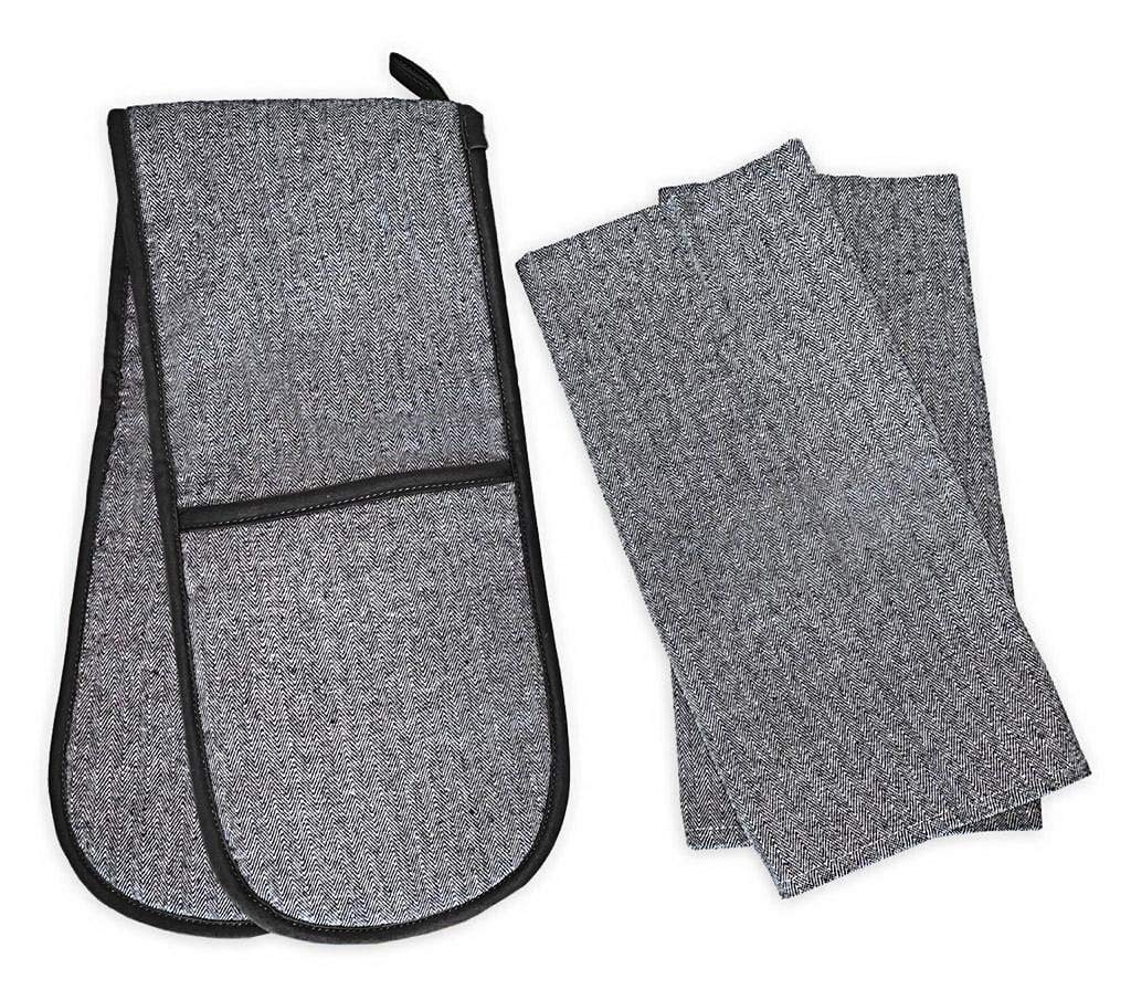 Divine Home Double Oven Glove and Tea Towel Set - 100% Cotton with Thick Heat-Resistant Lining for Protection from Hot Pots, Pans and Dishes. Soft, Stylish & Durable (3 Piece Set, Black).
