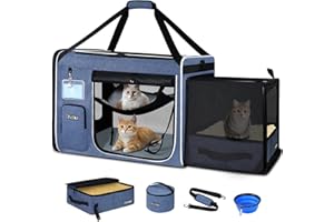 Petskd Side Expandable Extra Large Cat Carrier with Litter Box Area for Long Distance Car Travel,24"x17"x17" Collapsible Soft-Sided Large Pet Carrier with Zipper Locks for 2 Cats Under 55LBS(Blue)