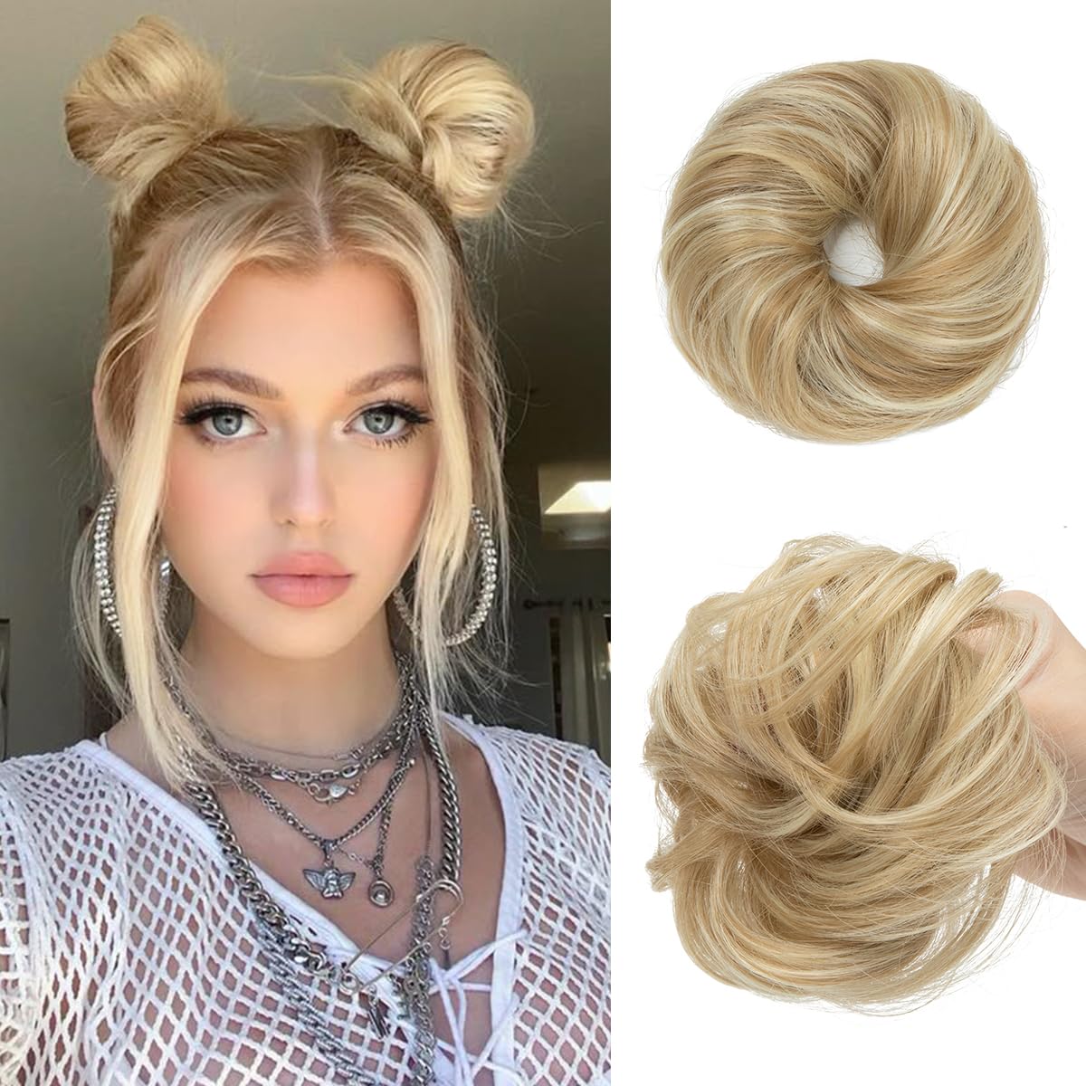 Photo 1 of CJL HAIR 2PCs Small Cute Messy Bun Hair Piece for Thin Hair Women Mini Synthetic Curly Bun Scrunchies Updo Hairpieces Dirty Blonde