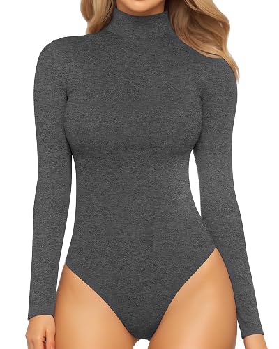 MANGOPOP Women's Mock Neck Long Sleeve Bodysuit - Turtle Neck Tops