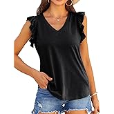 Valphsio Womens Casual V Neck Blouse Tops Frilled Ruffles Solid Sleeveless Tanks