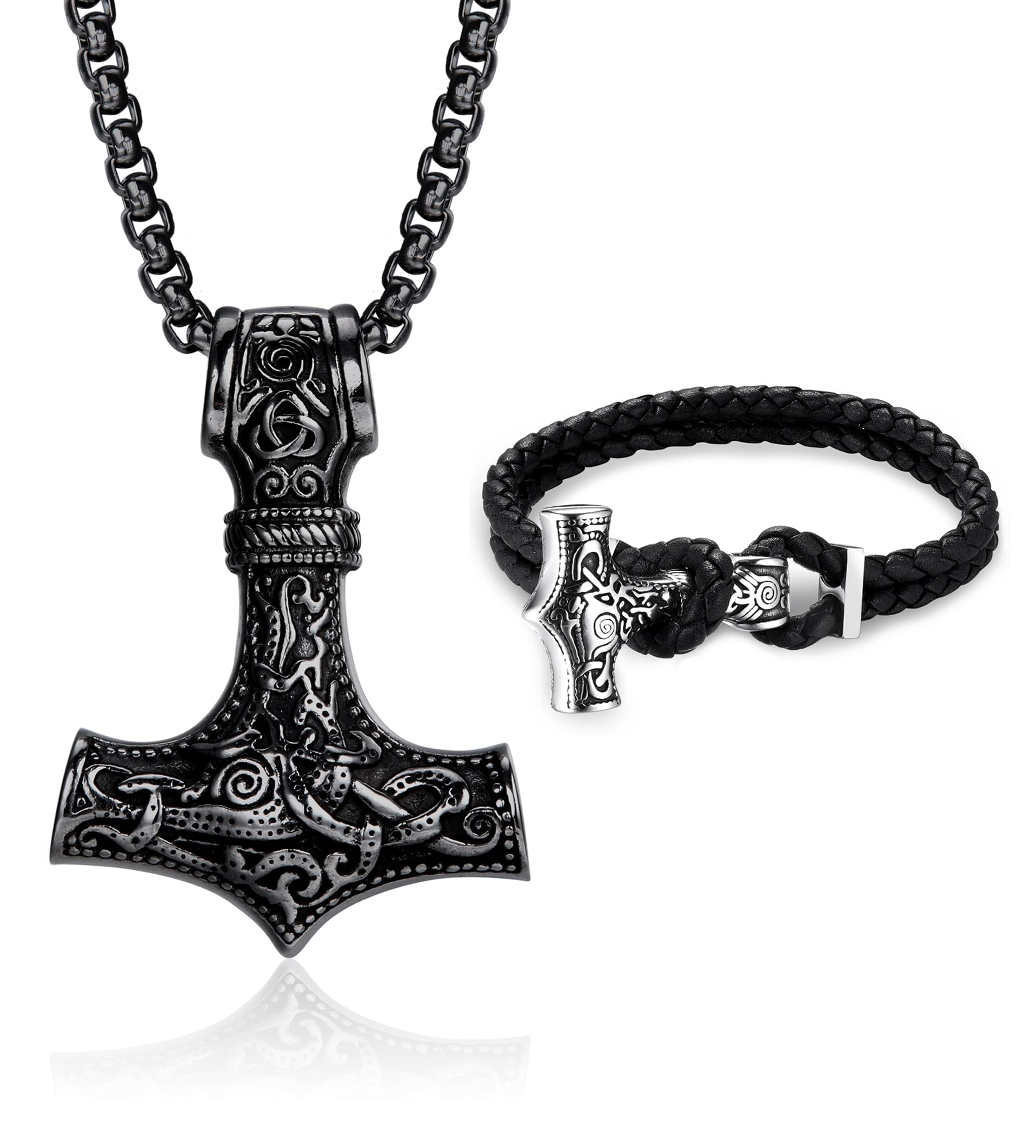 MILACOLATO Thors Hammer Necklace Viking Bracelet for Men Black/Silver Mjölnir Pendant Stainless Steel Thors Hammer Chain with Leather Thors Hammer Bracelet Set Viking Jewellery for Men