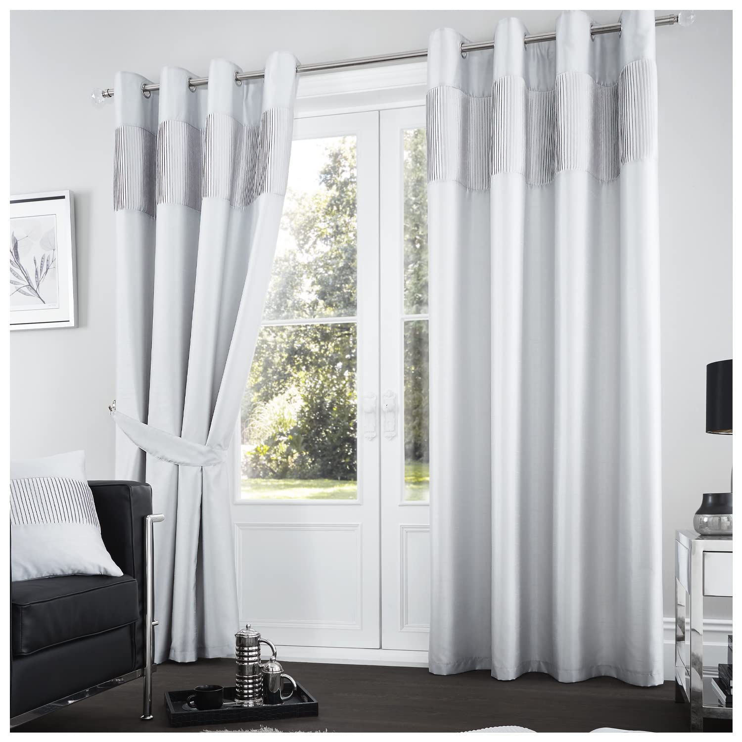 GC GAVENO CAVAILIA Shiny Stripe Door Curtains For Living Room, Ring Top Window Panels With Matching Tie Backs, 90 X 90, Silver (674849)