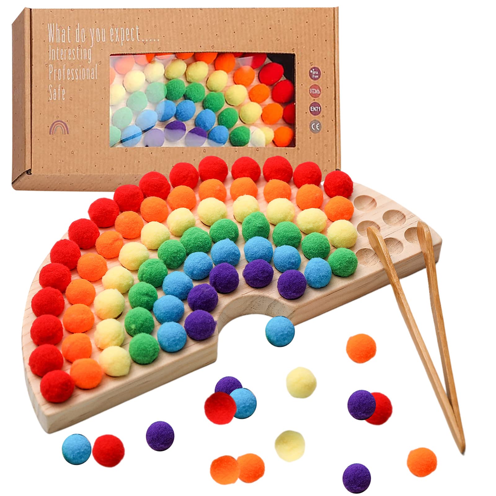 OESSUF Wooden Peg Board Beads Game Wooden Clip Beads Game Color Classification Fine Motor Skill Montessori Educational Toys for Math Learning (Rainbow Color)