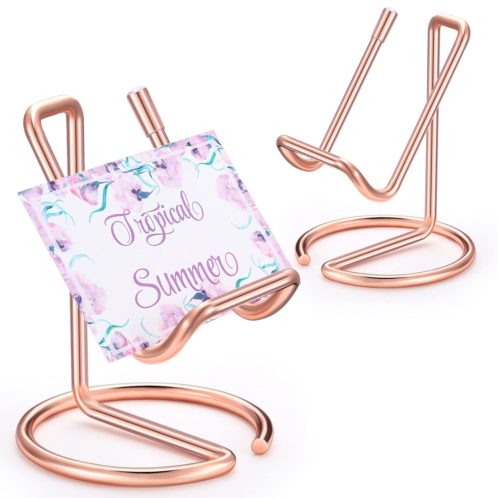 2 Pieces Metal Business Card Holder for Desk, Cell Phone Stand, Elegant Line Business Card Display Holder Stand, Office Desktop Business Name Card Organizer (Rose Gold)