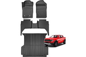 Full Set Car Truck 5FT Bed Mat & Floor Mats for Ford Ranger SuperCrew Cab: 2024-2026 All-Weather Mats for XLT Raptor Lariat X