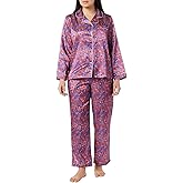 AmeriMark Womens Classic Satin Pajama Set Silky PJ Long Sleeves Button Up Front