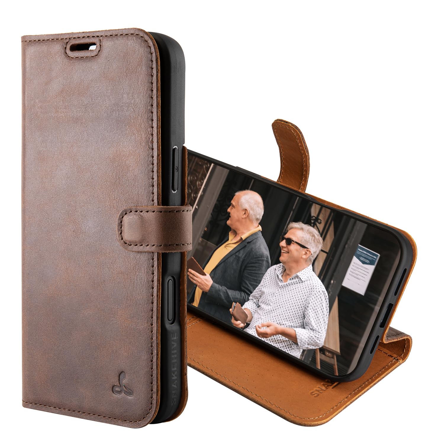 Snakehive Leather Wallet for iPhone 16 Plus - Real Leather Wallet Phone Case with Viewing Stand and Card Holder - Flip Folio Cover with Card Slots (Brown)