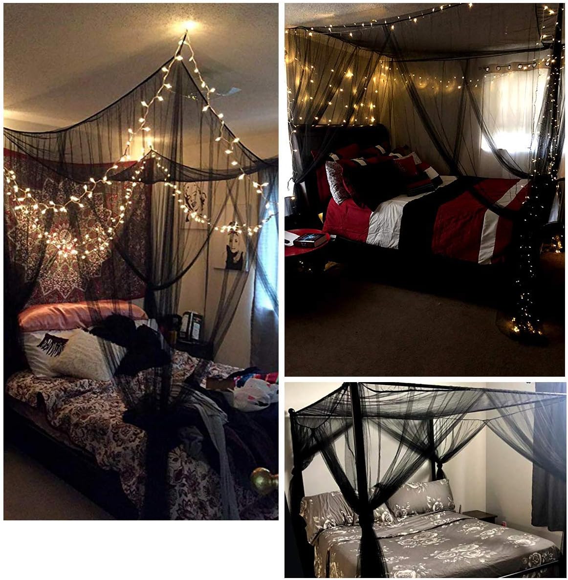 Mosquito NET for Bed Canopy, Four Corner Post Curtains Bed Canopy Elegant Mosquito Net Set, Stick Hook &Profession Rope for net, Screen Netting Canopy Curtains, Full/Queen/King/Black: Home & Kitchen