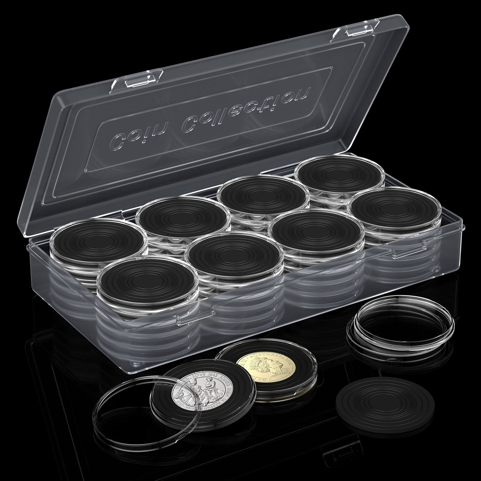 zhibeisai Coin Capsules 40pcs 46mm Coin Capsules with Foam Gasket Clear Round Coin Holder Case Coin Storage Container Box with Organiser Box for Coin Collection Supplies, 8 Sizes