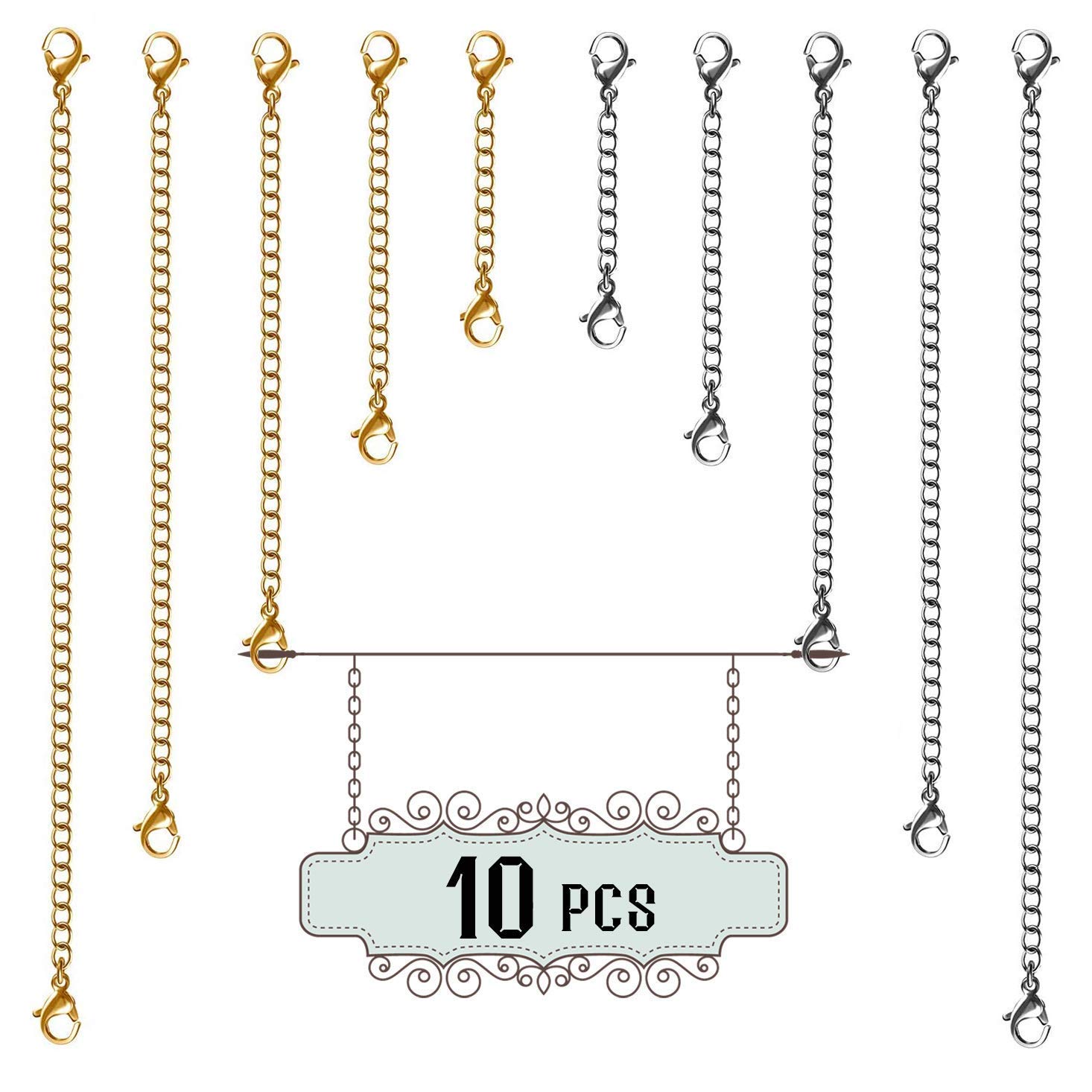 SUPERA 10 Pcs Necklace Extender Anti-Allergy Colorfast Stainless Chain Extenders with Lobster Clasp Safety for DIY Jewelry Bracelet Making,Silver and Gold,5 Sizes