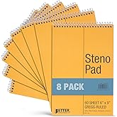 Better Office Products Spiral Steno Pads, 8 Pack, 6 x 9 inches, 60 Sheets, White Paper, Gregg Rule, Natural Board Cover, 8 Steno Notebooks