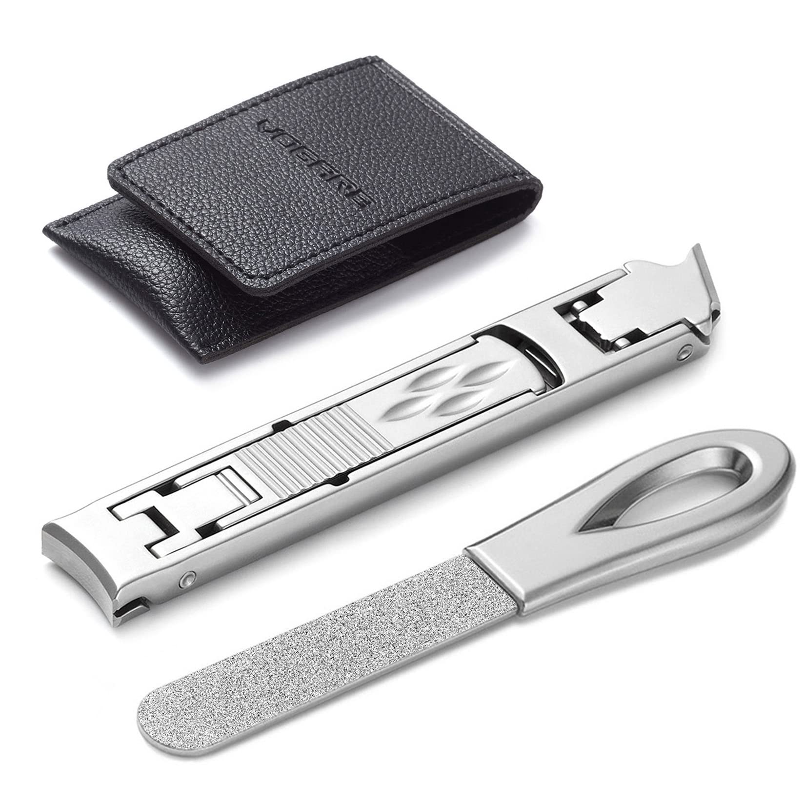 VOGARB Portable Finger Nail Clippers Ultra Slim Foldable Wide Jaw Opening Slanted Nail Cutter with File Travel Double Head Curved and Bevel Trimmer Sharp(Silver with File)