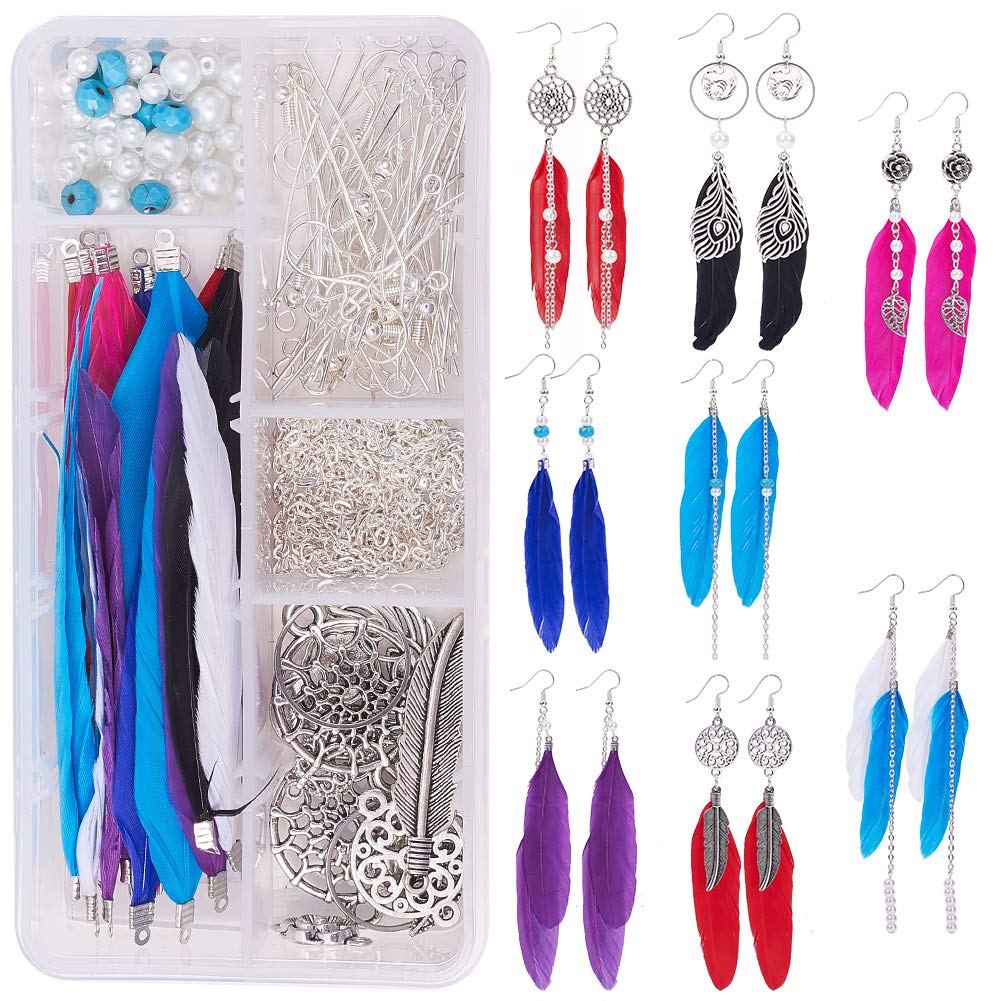 SUNNYCLUE 1 Box DIY Make 8 Pairs Bohemian Real Feather Earring Making Starter Kit with Alloy Pendant Connector and Glass Beads Supplies Women Girls Beginners