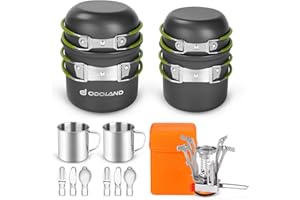 Odoland 16pcs Camping Cookware Mess Kit for 2 People, Lightweight Pot Pan Mini Stove with 2 Cups, Fork Spoon Kits for Backpac