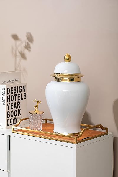 GALOURO WHITE GINGER JAR WITH GOLD TRIM, GINGER JAR VASE DECOR FOR CENTERPIECE, TABLE DECORATIONS, LIVING ROOM, SHELF, 15INCHES