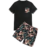 GORGLITTER Men's 2 Piece Outfits Tropical Print Pocket Short Sleeve T Shirt and Shorts Set