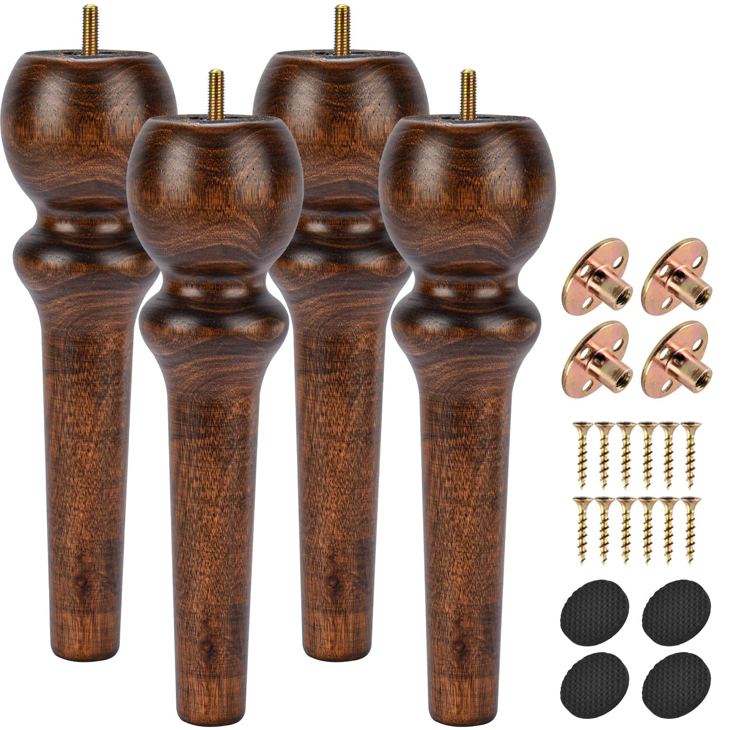 10.4 Inch / 24cm Solid Wood Furniture Legs, 4Pcs Wooden Sofa Legs Large Turned Glaze Bun Feet With Threaded M8 Hanger Bolt& Mounting Plate& Screw Cabinet Couch Ottoman TV Stand Bed Chair