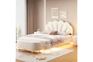 Polibi 2-Pieces Bedroom Sets,Queen Size Upholstered LED Platform Bed with Storage Ottoman-Velvet,Beige