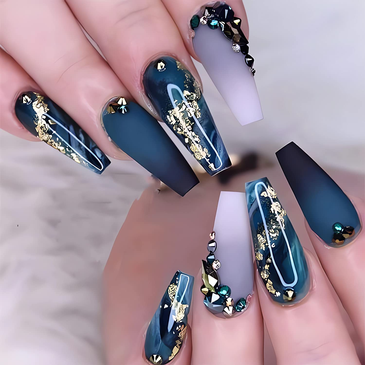 Photo 1 of Long Press Coffin Fake Nails French Marble with Glitter Rhinestones Glue on Matte Stick Artificial for Women 24Pcs