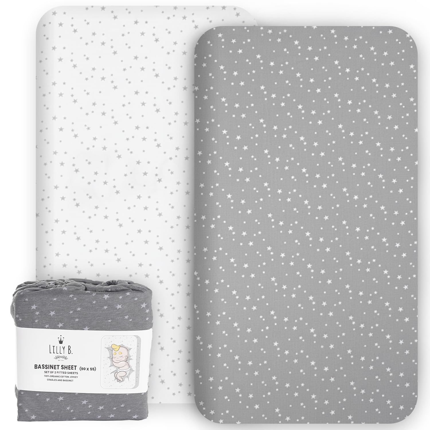 Lilly B. Organic Cotton GOTS 2 fitted sheets, Compatible Next2me, Snuzpod and All Bedside Cribs, Mini Crib up to 55x90cm Pack of 2 Sheets. — image 1